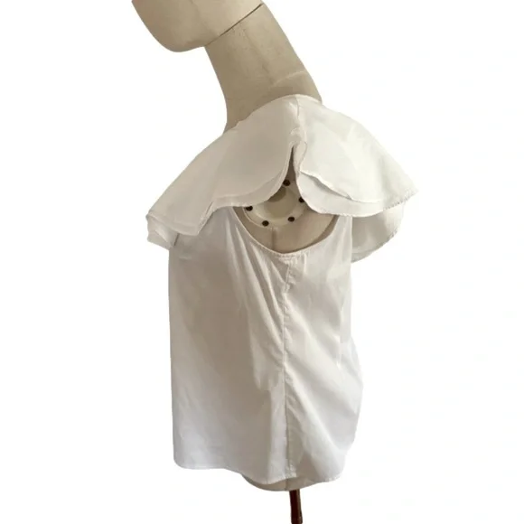 90s CHELSEA & THEODORE OFF ONE SHOULDER BOHO COTTON BLEND WHITE RUFFLE TOP SZ 8 - Picture 6 of 7